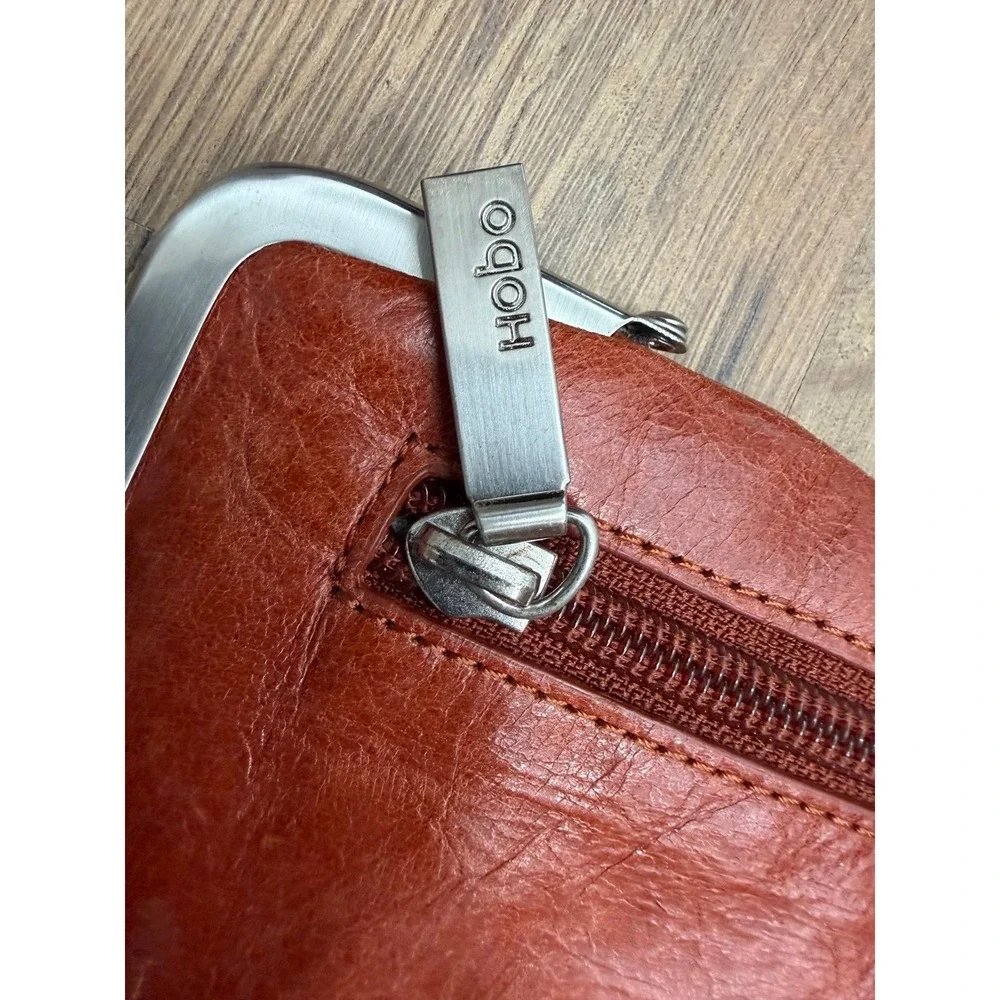 HOBO Leather Frame Clutch Wallet Cognac Kisslock Organizer RFID Brown